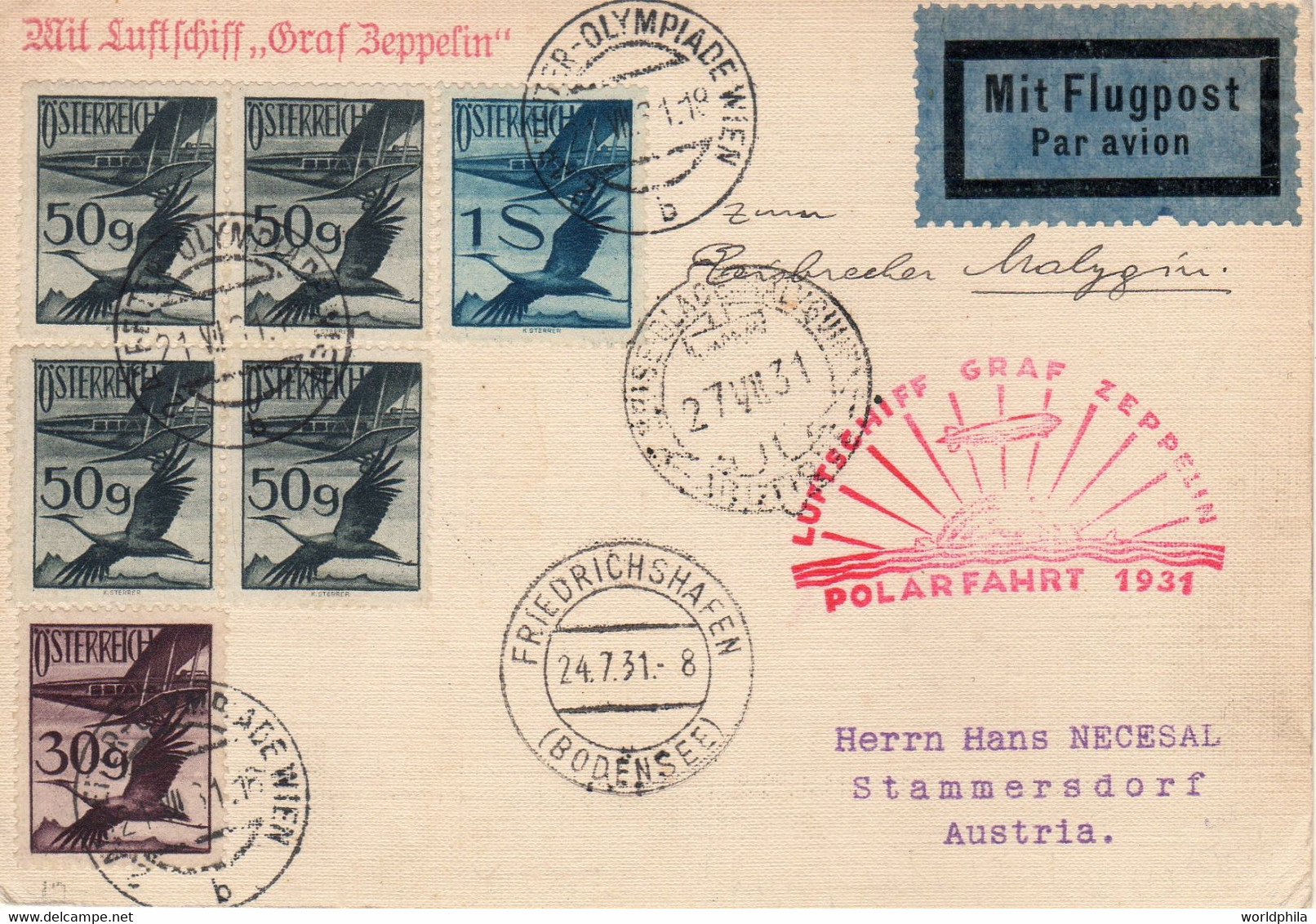 Österreich / Austria (via Germany) Zeppelin LZ127 Polarfahrt Olympiade-Icebreaker Malygin 1931 Card - Zeppelins