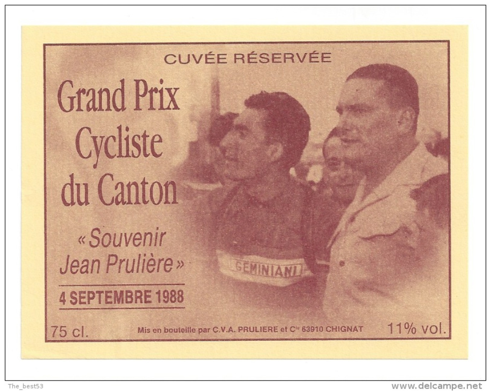 Etiquette De Vin - Cuvée Du Grand Prix Cycliste Du Canton 1988 - Souvenir Jean Prulière - CV A à Chignat (63) - Cyclisme - Wielrennen