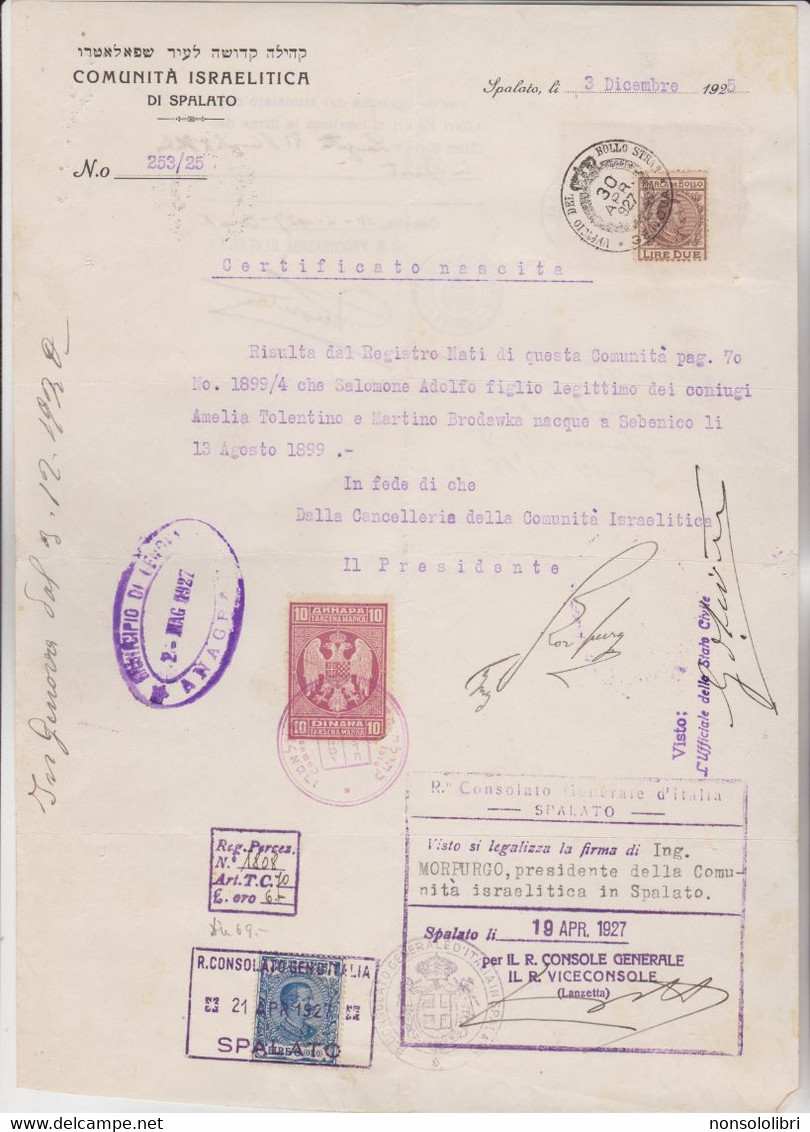 CERTIFICATO NASCITA - COMUNITA'  ISRAELITICA  DI  SPALATO  1925 . CON  FISCALI - Historical Documents