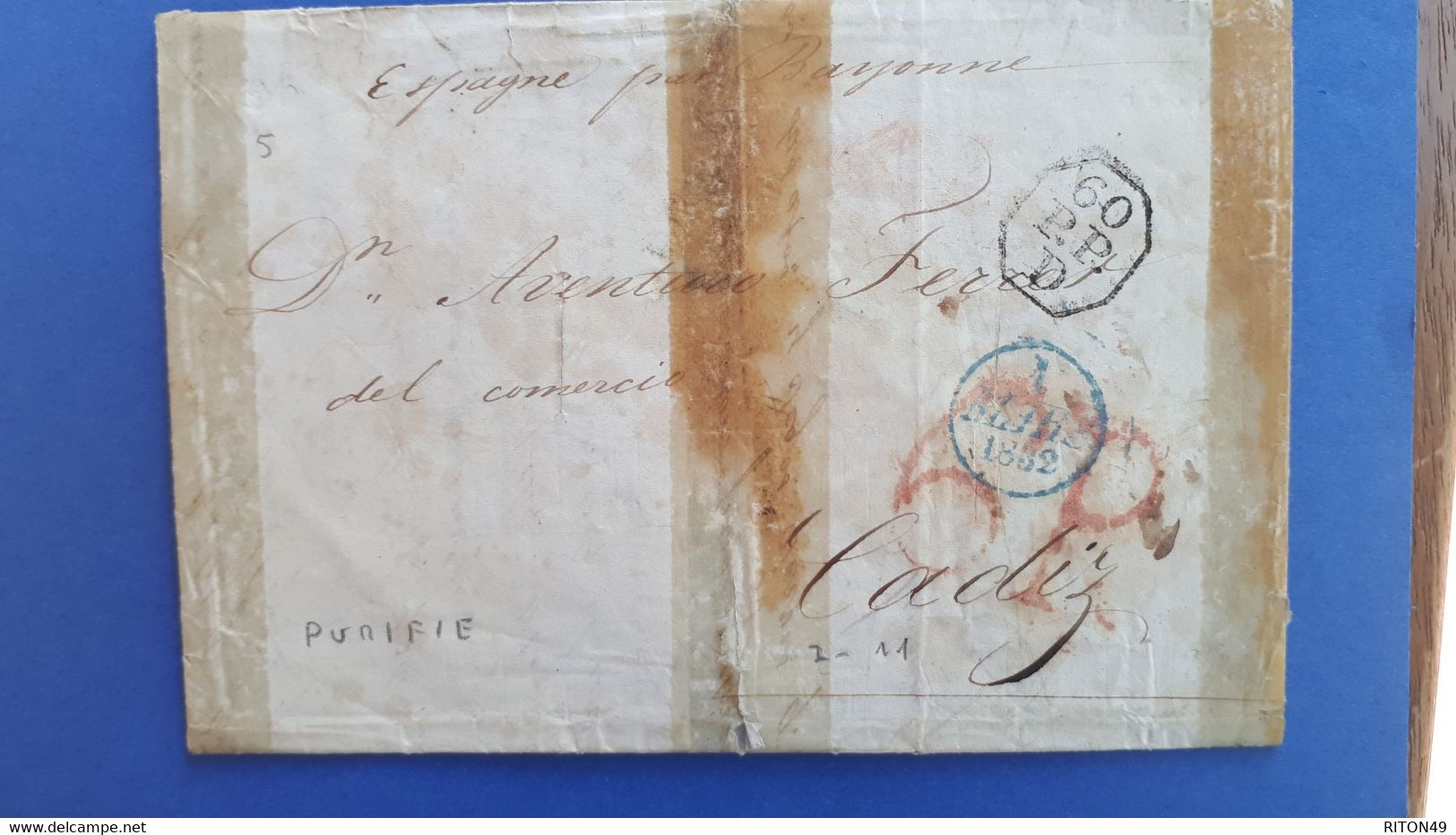 LETTRE 1852 DE PARIS A CADIZ ESPAGNE PAR BAYONNE MARQUE POSTALE 60 PP D + TAXE + CAD EN BLEU ESPAGNOL - Unclassified