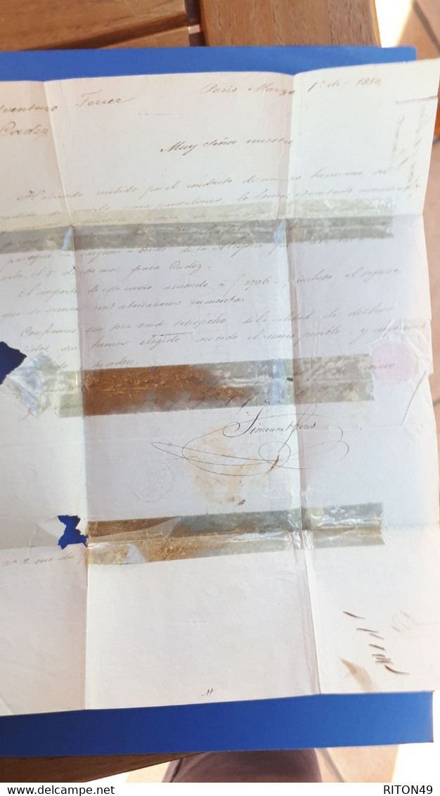 LETTRE 1852 DE PARIS A CADIZ ESPAGNE PAR BAYONNE MARQUE POSTALE 60 PP D + TAXE + CAD EN BLEU ESPAGNOL - Non Classés