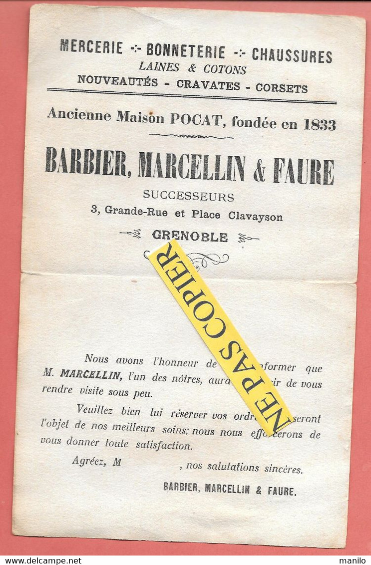 Buvard Servant De PUBLICITE Et AVIS De PASSAGE - BARBIER, MARCELLIN Et FAURE à GRENOBLE (anc. POCAT 1833) Mercerie,bonne - Textile & Vestimentaire