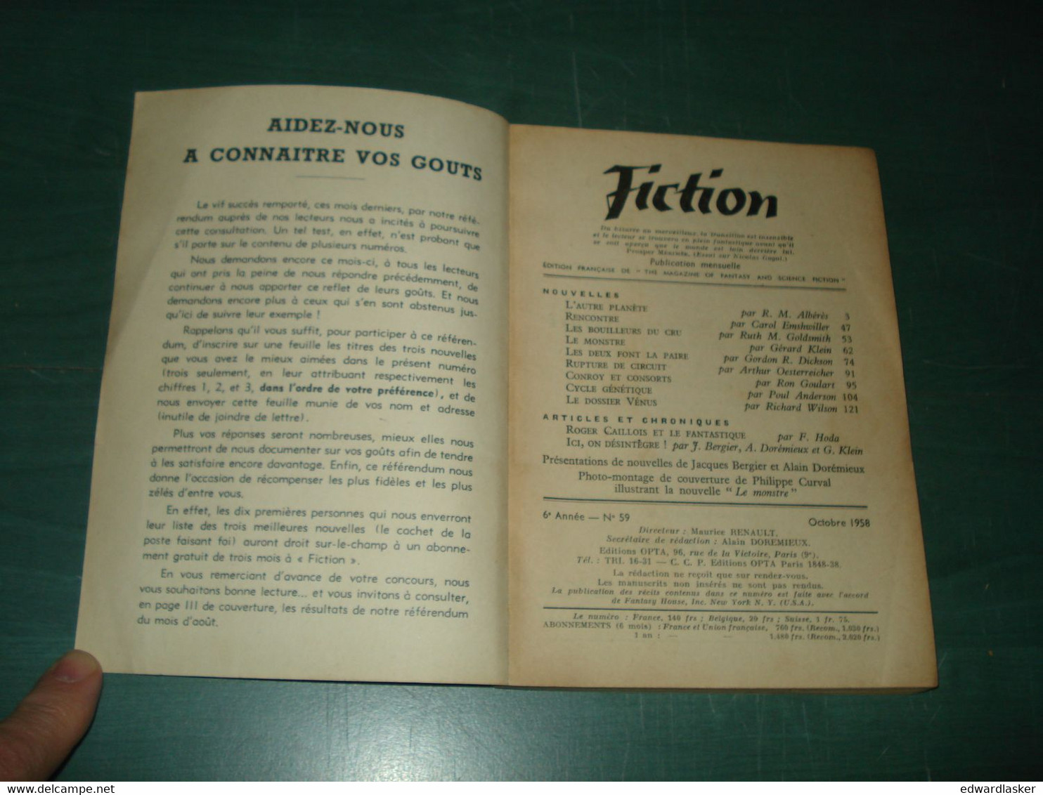 Revue FICTION N°59 : Poul Anderson, Gérard Klein, Ron Goulart ... - Opta 1958 - Fictie