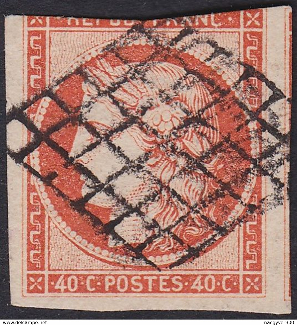 FRANCE, 1850, Type Cérès, Orange, Oblitération Grille (Yvert 5) - 1849-1850 Ceres