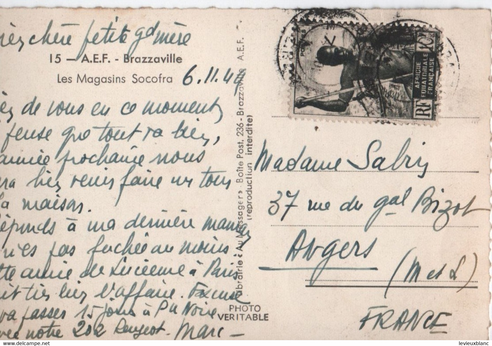 Carte Postale Ancienne/ AEF/ CONGO Brazzaville/Les Magasins SOCOFRA/Sabin /Angers /1949    CPDIV362 - Brazzaville