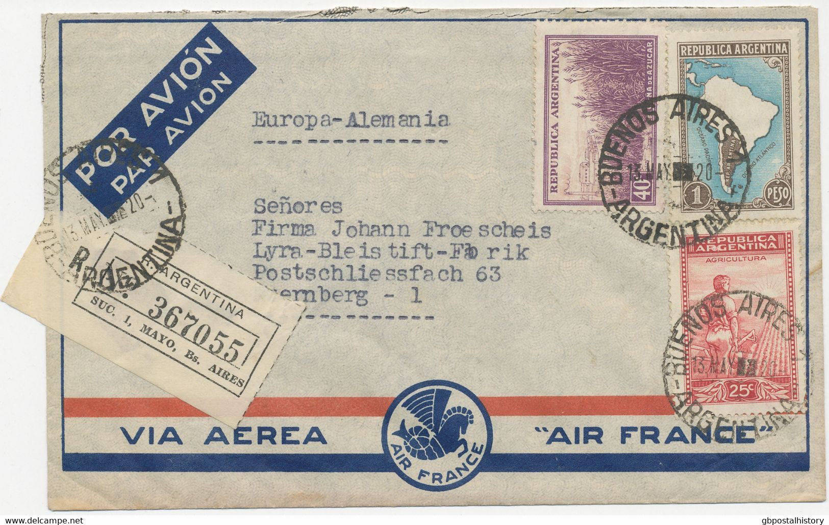 ARGENTINIEN 1939, Pra.-R-Flugpost-Bf Mit Air France "BUENOS AIRES - NÜRNBERG",   Int. Freimarken-MiF, Dabei ABART: - Airmail