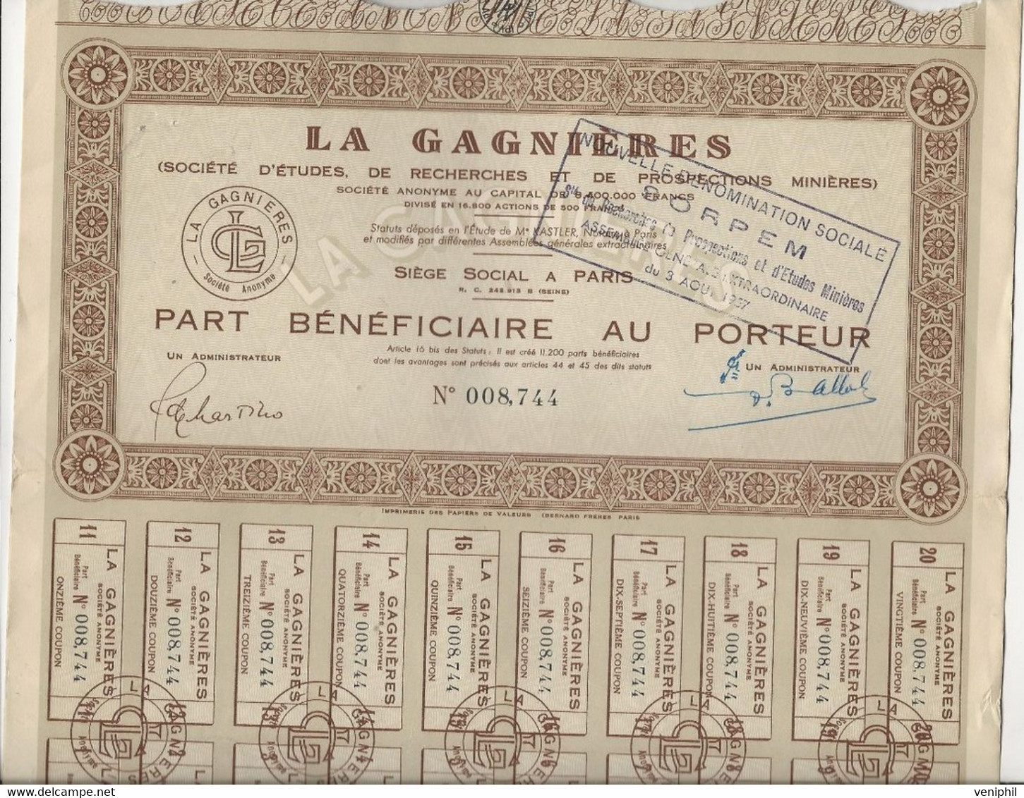 LA GAGNIERES -SOCIETE D'ETUDES DE RECHERCHES ET DE PROSPECTION MINIERE - 1957 -LOT DE 3 PARTS BENEFICIAIRE - Mines