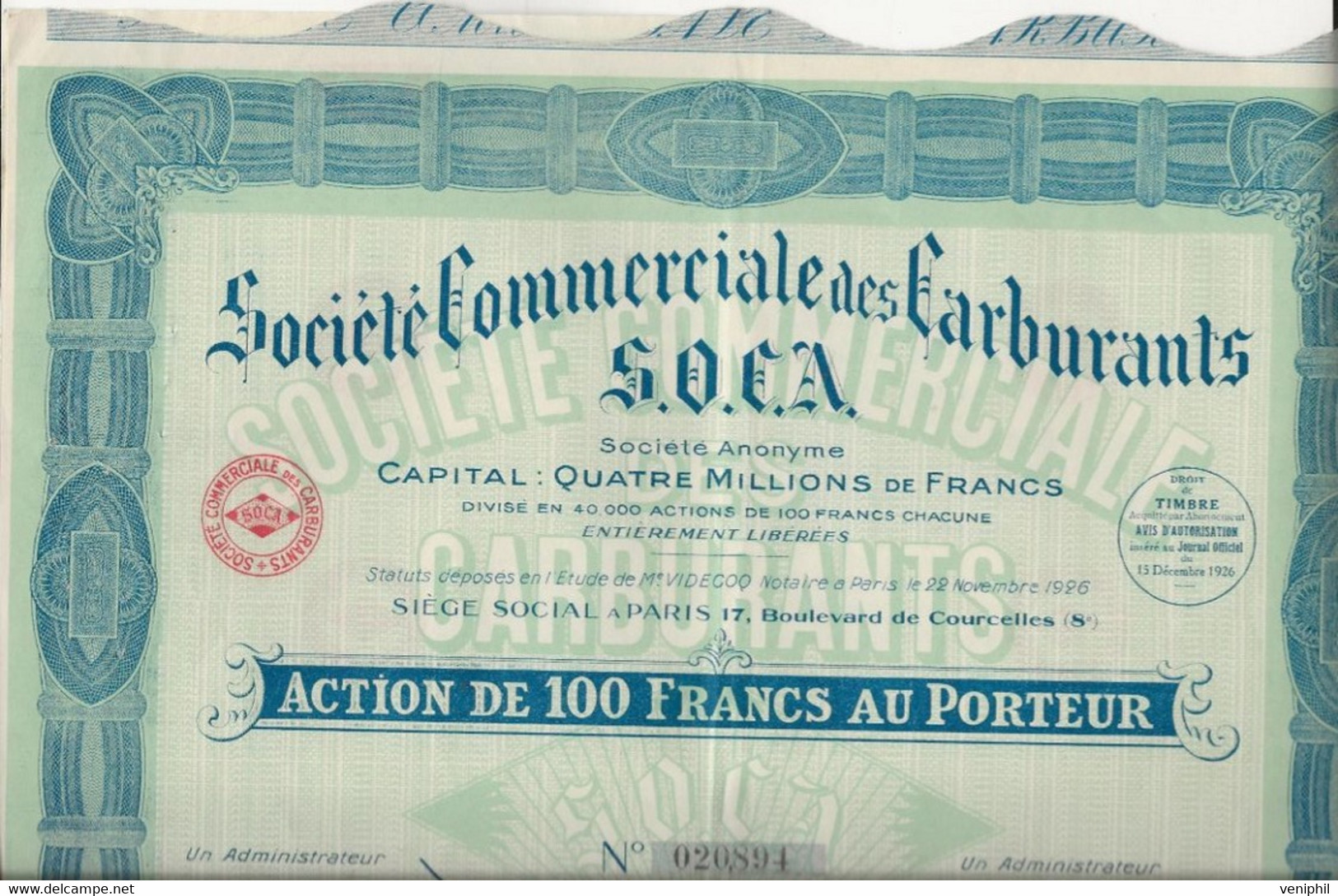 SOCIETE COMMERCIALE DES CARBURANTS S.O.C.A .-ACTION DE 100 FRS -ANNEE 1927 - Erdöl