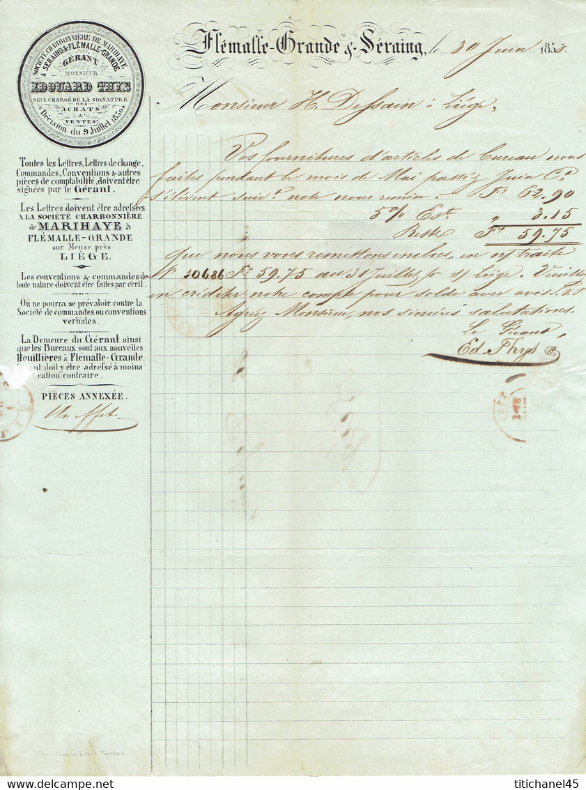 Médaillon N°6 Margé Sur LAC Obl. P64 çàd JEMEPPE(1853)entête SOC. CHARBONNIERE De MARIHAYE FLEMALLE-GRANDE>LIEGE - 1851-1857 Medallions (6/8)