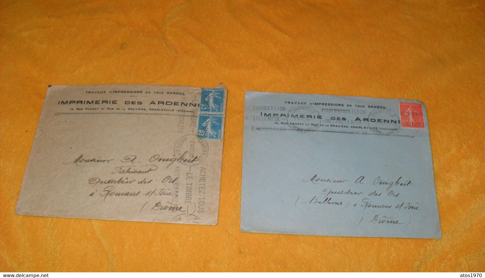 LOT 2 ENVELOPPES ANCIENNES DE 1927../ IMPRIMERIE DES ARDENNES CHARLEVILLE POUR ROMANS..CACHETS + TIMBRES - Lettres & Documents