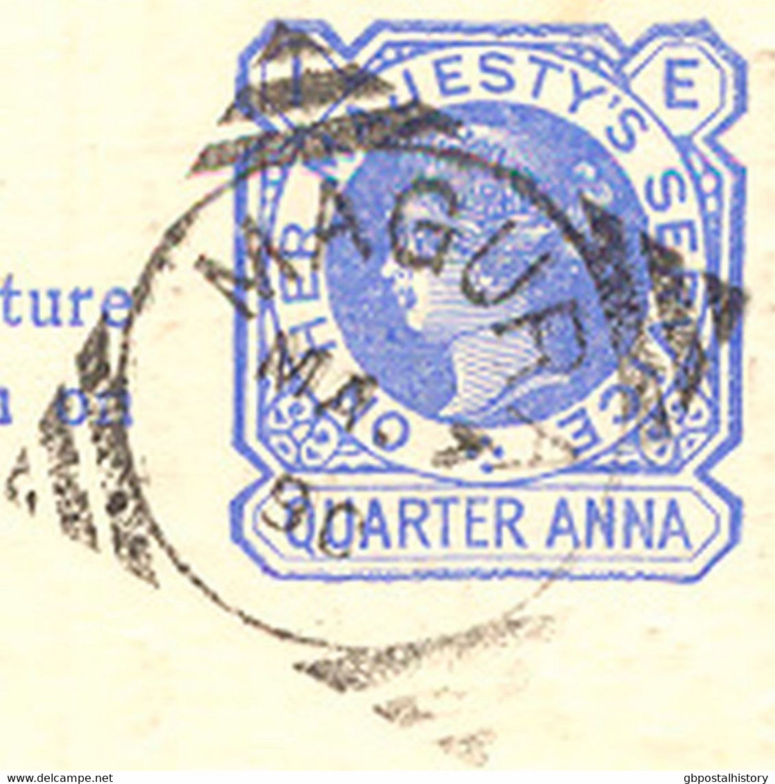 INDIA / BANGLADESH 1890, QV East India Service Post Card Quarter Anna Blue With Inscription On Her Majesty's Service, - Bangladesch