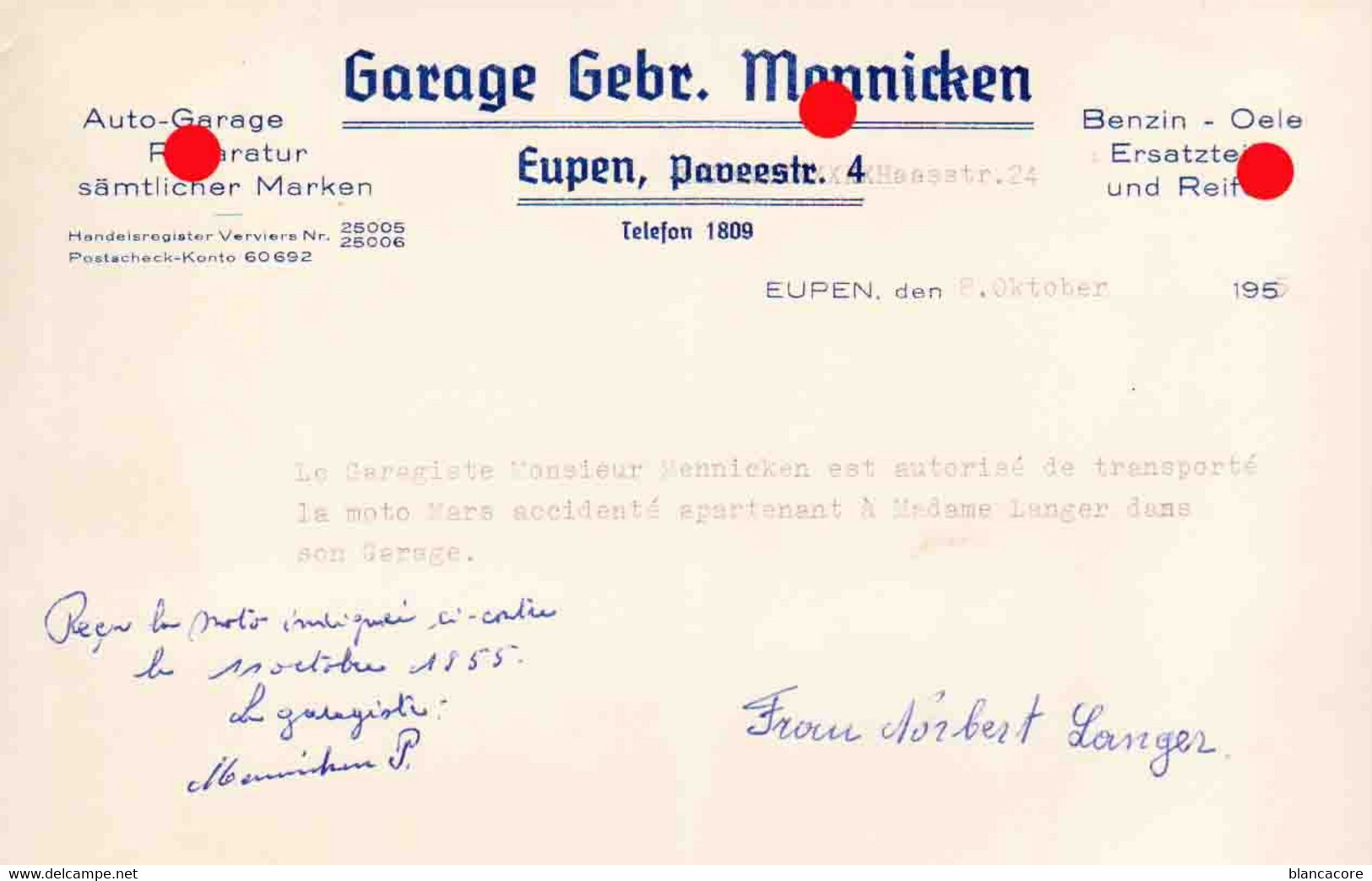 EUPEN 1955 GARAGE GEBR. MENNICKEN Paveestrasse - Cars