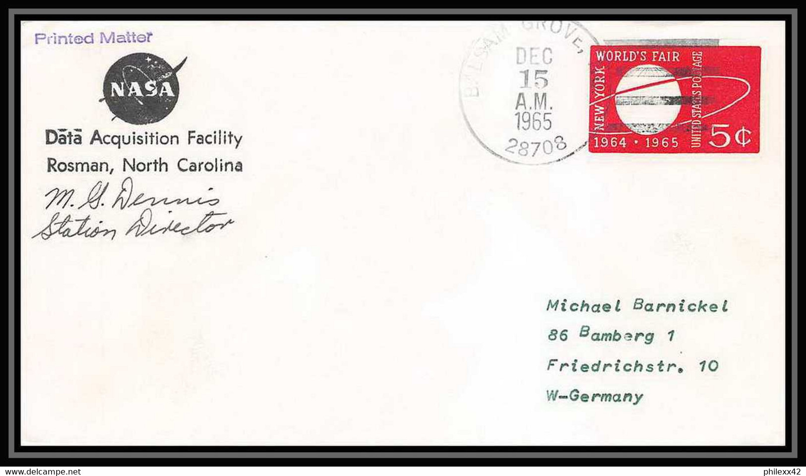 4409/ Espace Space Entier Postal Stamped Stationery 15/12/1965 Signé Signed Autograph Nasa Data Acquisition Rosman USA - Verenigde Staten