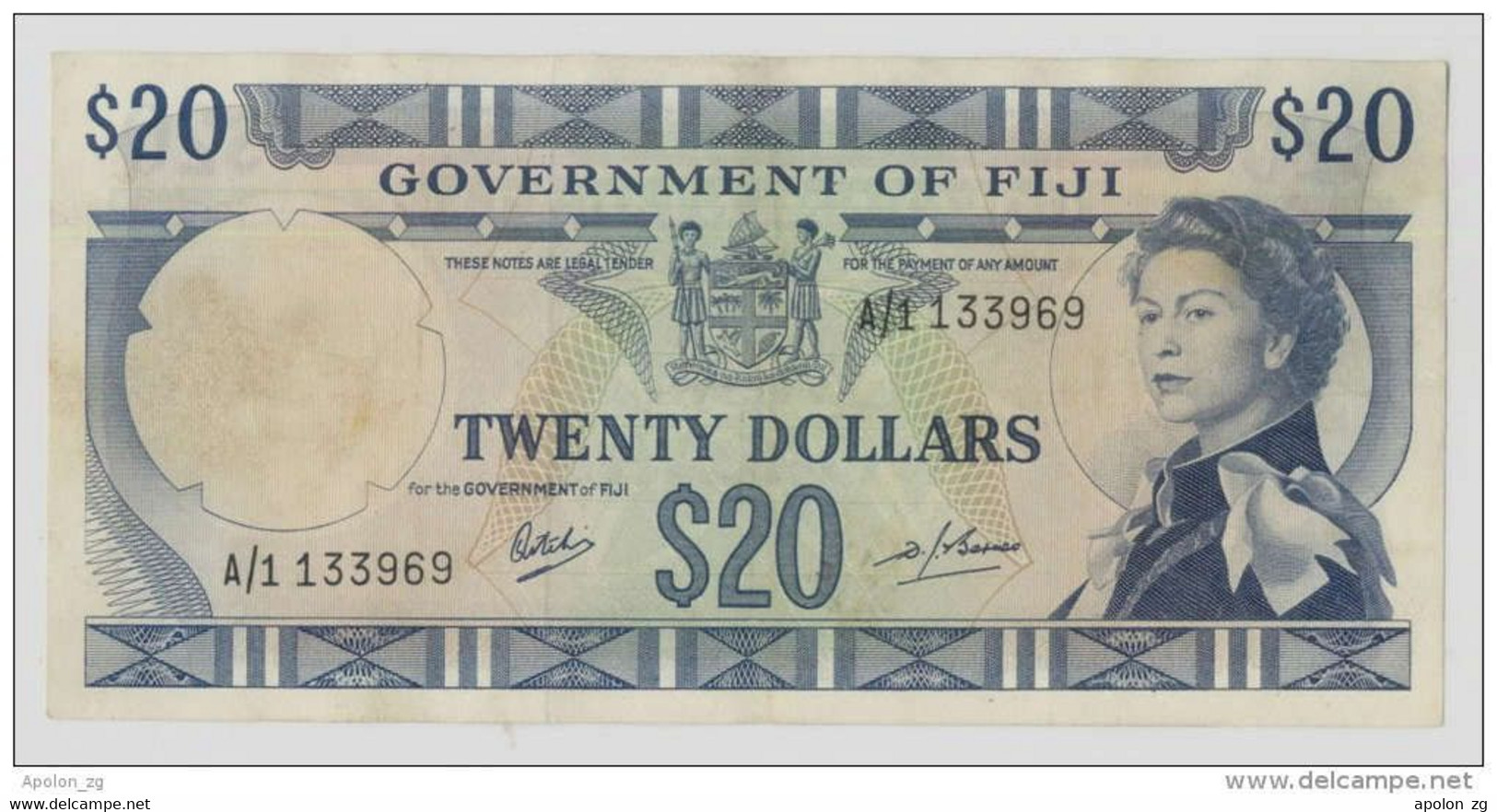 FIJI - FIDSCHI,  20 Dollars ND(1969) XF/AU , P-63 , Signature Ritchie-Barnes MEGA RARE BANKNOTE !!! - Fidschi