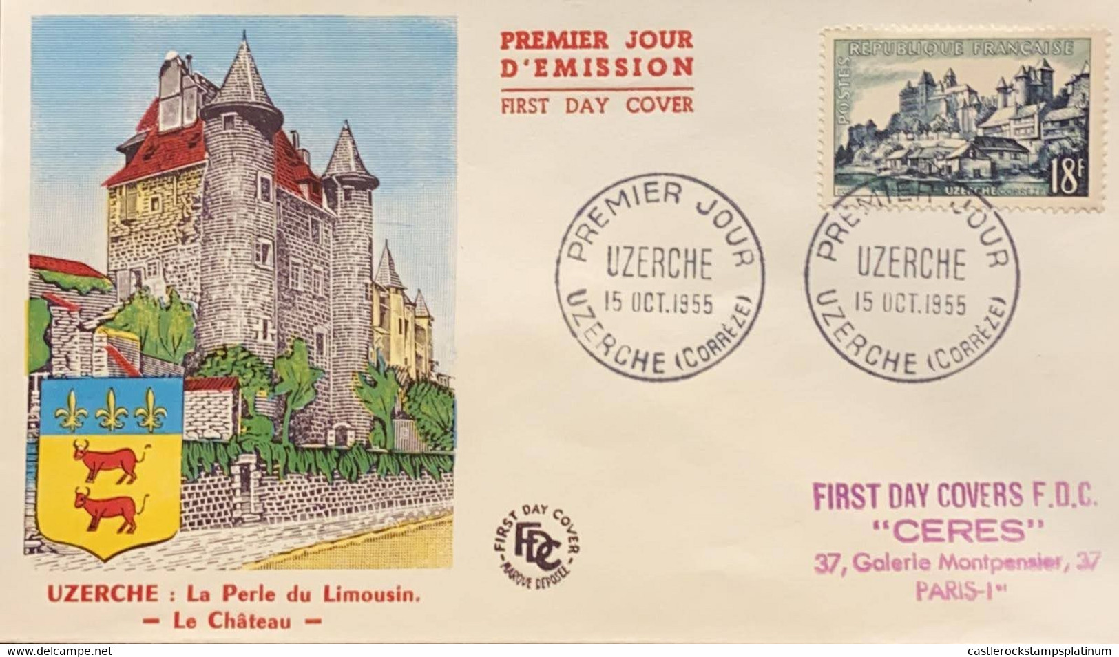 P) 1955 FRANCE, LANDSCAPE STAMP, FDC, COVER OF THE PEARL OF LIMOUSIN UZERCHE, GALERY MONTPENSIER PARIS, XF - Andere & Zonder Classificatie