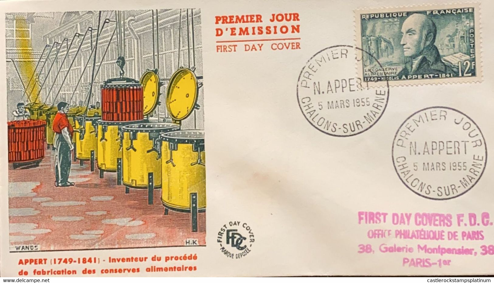 P) 1955 FRANCE, FDC, COVER OF APPERT 1749-1841 INVENTOR OF THE PRACÁDÁ OF CANNED FOOD MANUFACTURING, FRENCH INVENTOR, XF - Other & Unclassified