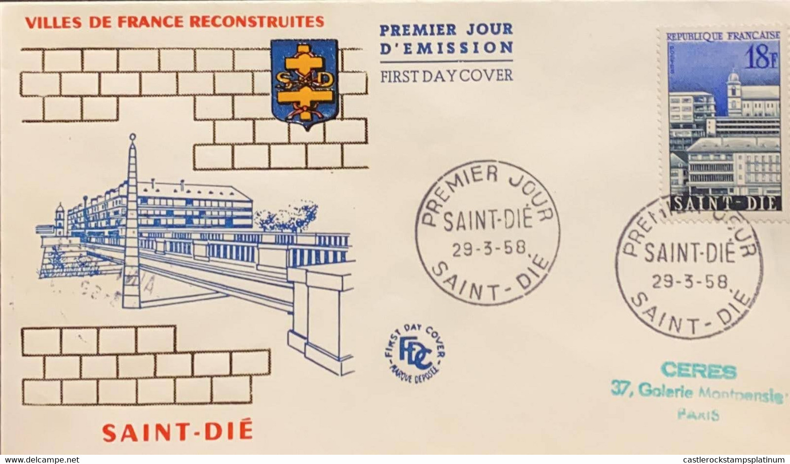 P) 1958 FRANCE, SAINT-DIÉ MUNICIPAL RECONSTRUCTION STAMP, FDC, COVER OF RECONSTRUCTED CITIES OF FRANCE, WC, XF - Andere & Zonder Classificatie