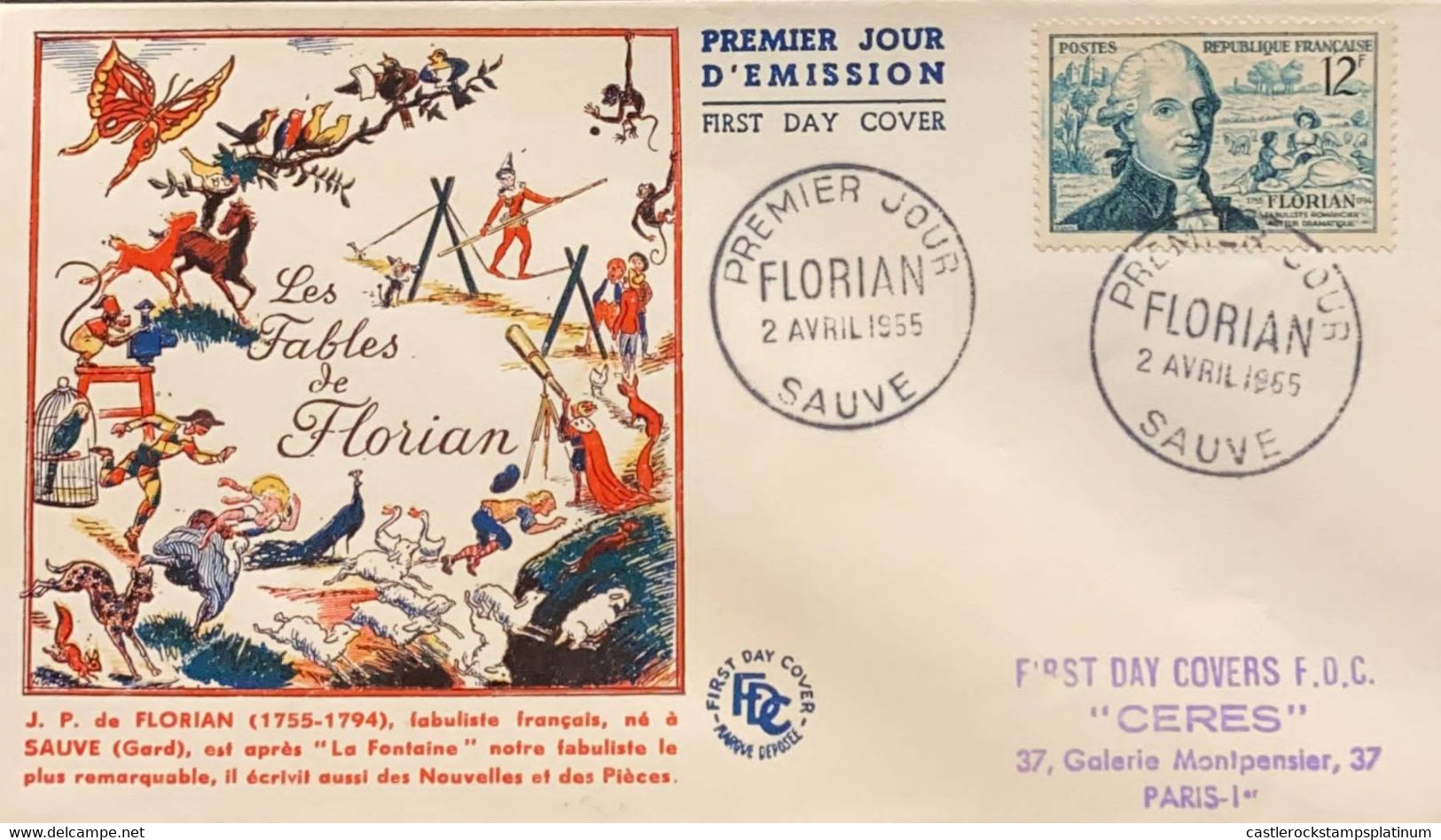 P) 1955 FRANCE, FDC, J.P.C FLORIAN FRENCH FABULISTTHE, 200TH ANNIVERSARY OF THE BIRTH OF J.P.C DE FLORIAN STAMP, XF - Other & Unclassified