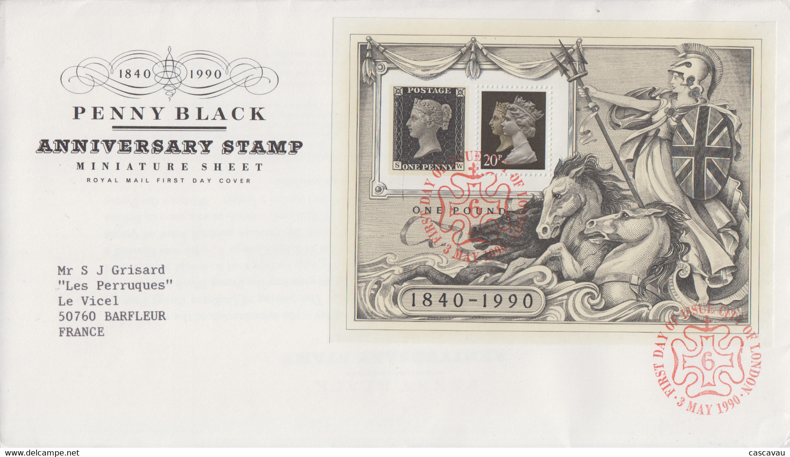 Enveloppe  FDC  1er  Jour   GRANDE  BRETAGNE   Bloc   Feuillet   150éme  Anniversaire  Du   BLACK  PENNY   1990 - 1981-1990 Em. Décimales