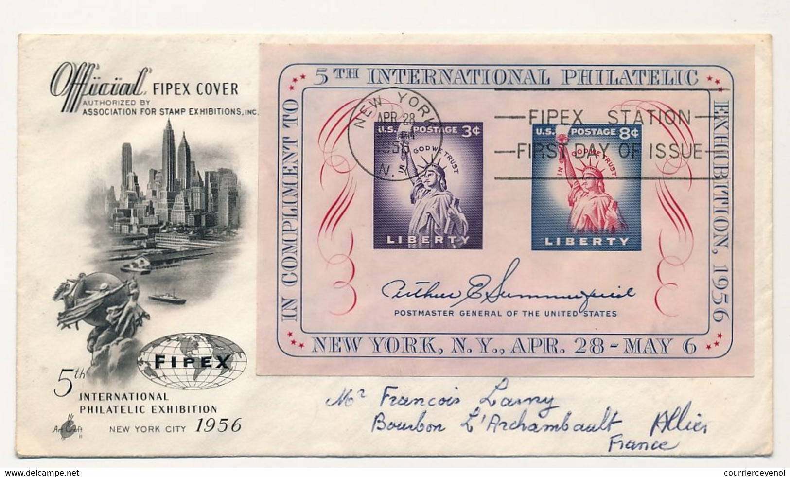 ETATS UNIS - 2 Enveloppes FDC - Blocs "LIBERTY" 5eme Exposition FIPEX - 28 Avril 1956 - 2 Oblit. Différentes - 1951-1960