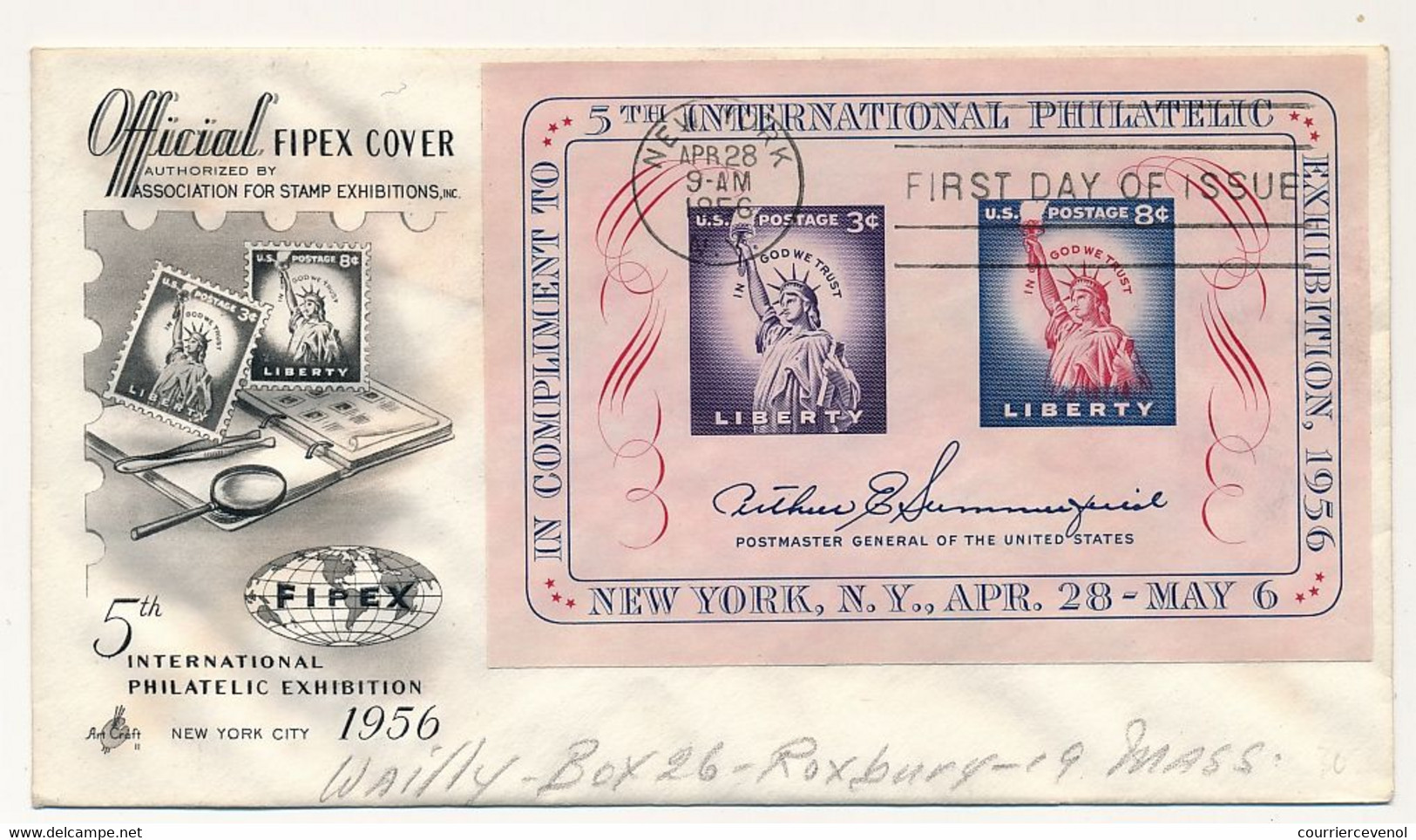 ETATS UNIS - 2 Enveloppes FDC - Blocs "LIBERTY" 5eme Exposition FIPEX - 28 Avril 1956 - 2 Oblit. Différentes - 1951-1960