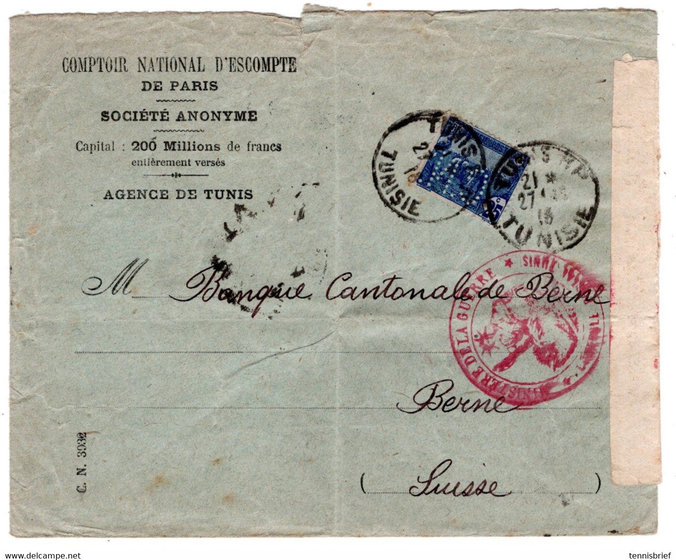 Tunesi , 1916, , Lettre 25 C. Perforee " C.M. "  ( Comptoir Nationale Paris )-Rare   - Perfin   #1483 - Brieven En Documenten