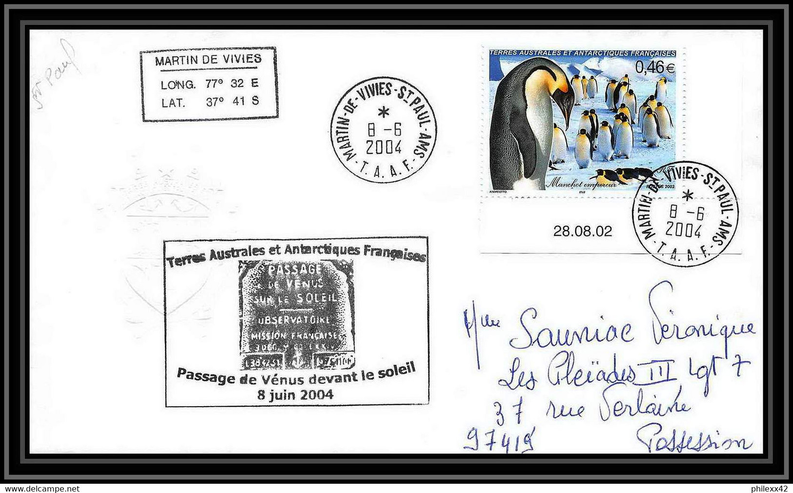 2445 ANTARCTIC Terres Australes TAAF Lettre Dufresne 2 N°360 PASSAGE DE VENUS DEVANT LE SOLEIL 8/6/2004 Coin Daté - Briefe U. Dokumente