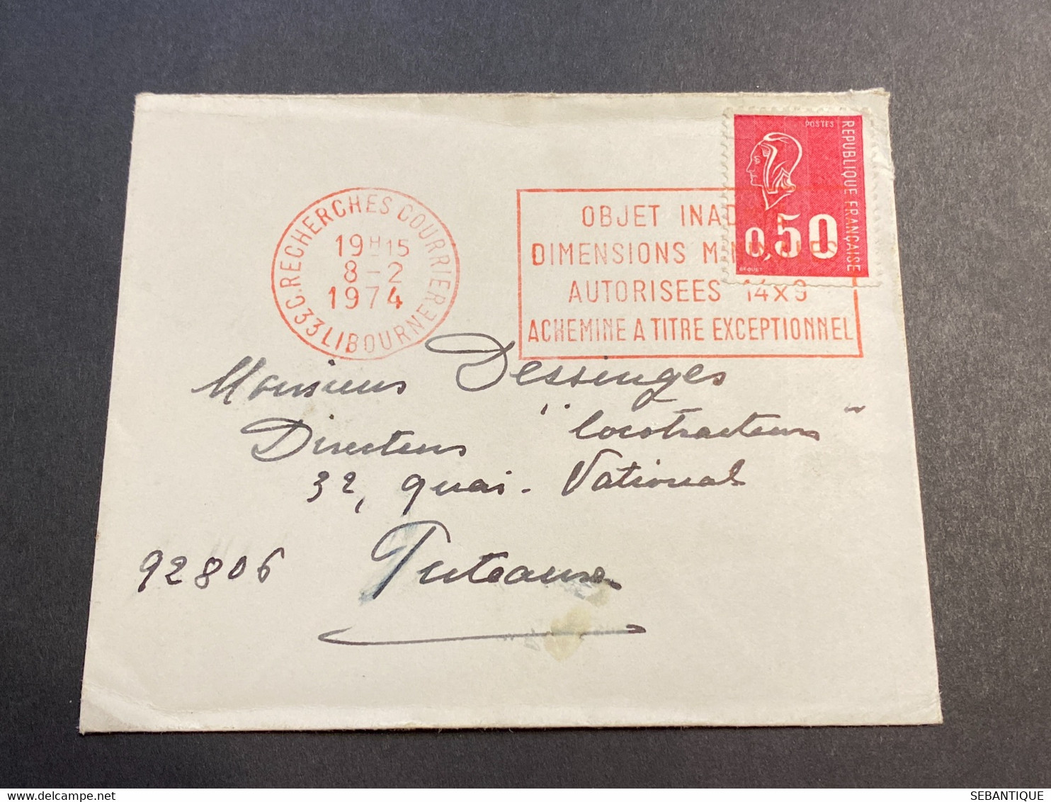 Lettre 1974 Cachet Spécial Recherche Courrier Libourne + Flamme Objet Inadapté Acheminé à Titre Exceptionnel - 1961-....