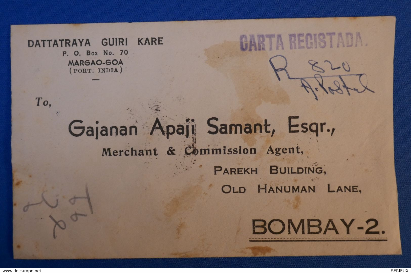 I 21 INDE PORTUGAISE BELLE LETTRE RARE 1952 GOA POUR BOMBAY + PAIRE DE T.P.+ AFFRANCH INTERESSANT - Portugees-Indië