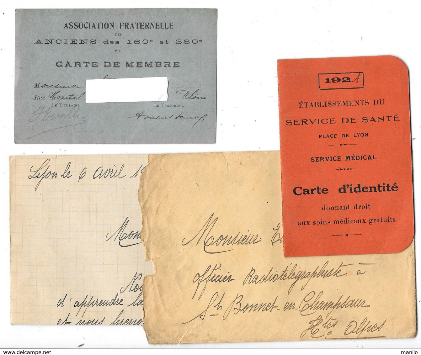 Sce De SANTE MILITAIRE - CARTE D'IDENTITE 1921 Et Assoc.FRATERNELLE ANCIENS 160e Et 360e  HOPITAL 38 CSR LYON - Documenti