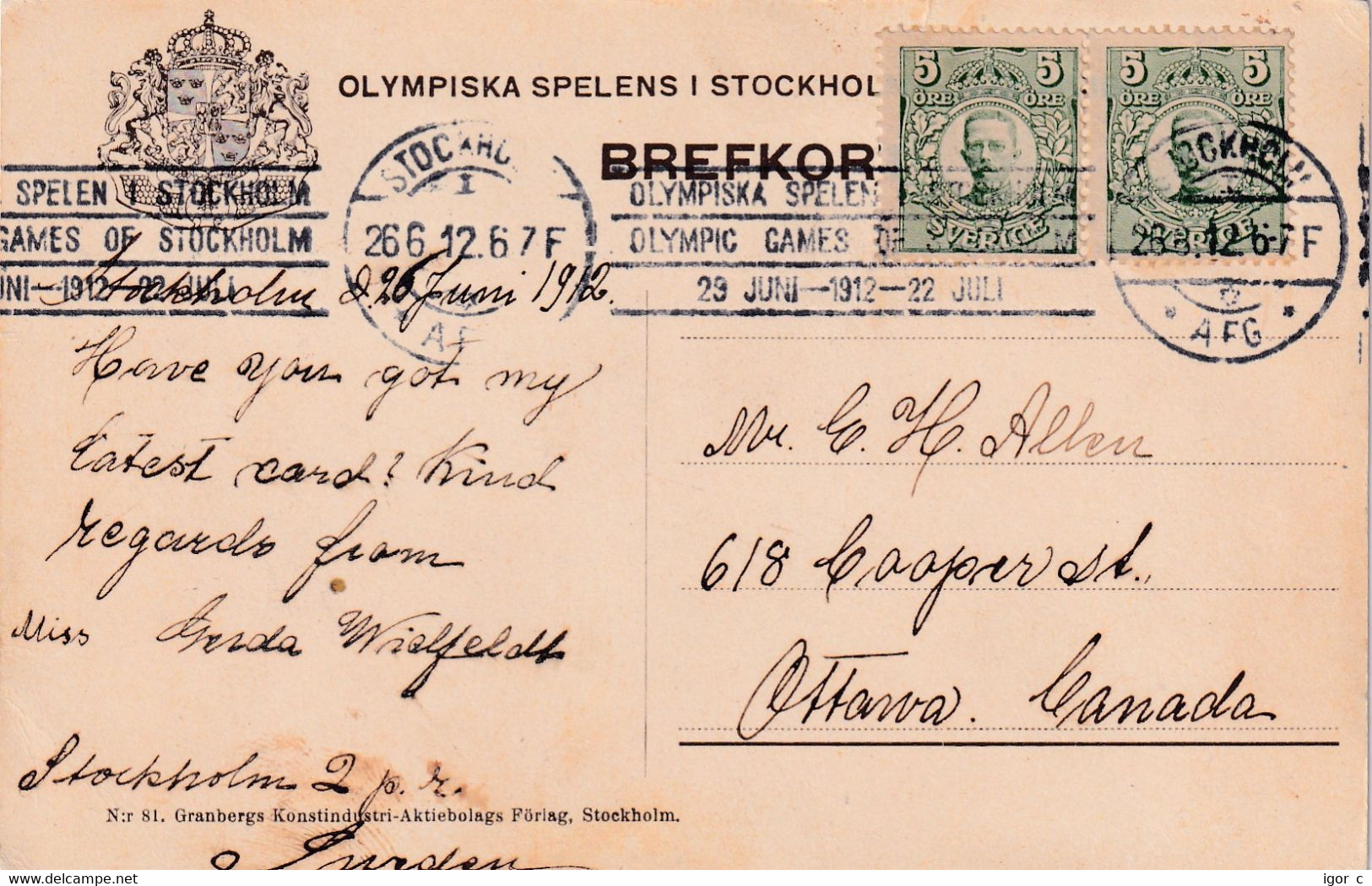 Sweden 1912 Card: Olympic Games Stockholm; Olympic Stadioum; Endless Roller Cancellation 26.06.1912; Stockholm Cancel - Sommer 1912: Stockholm