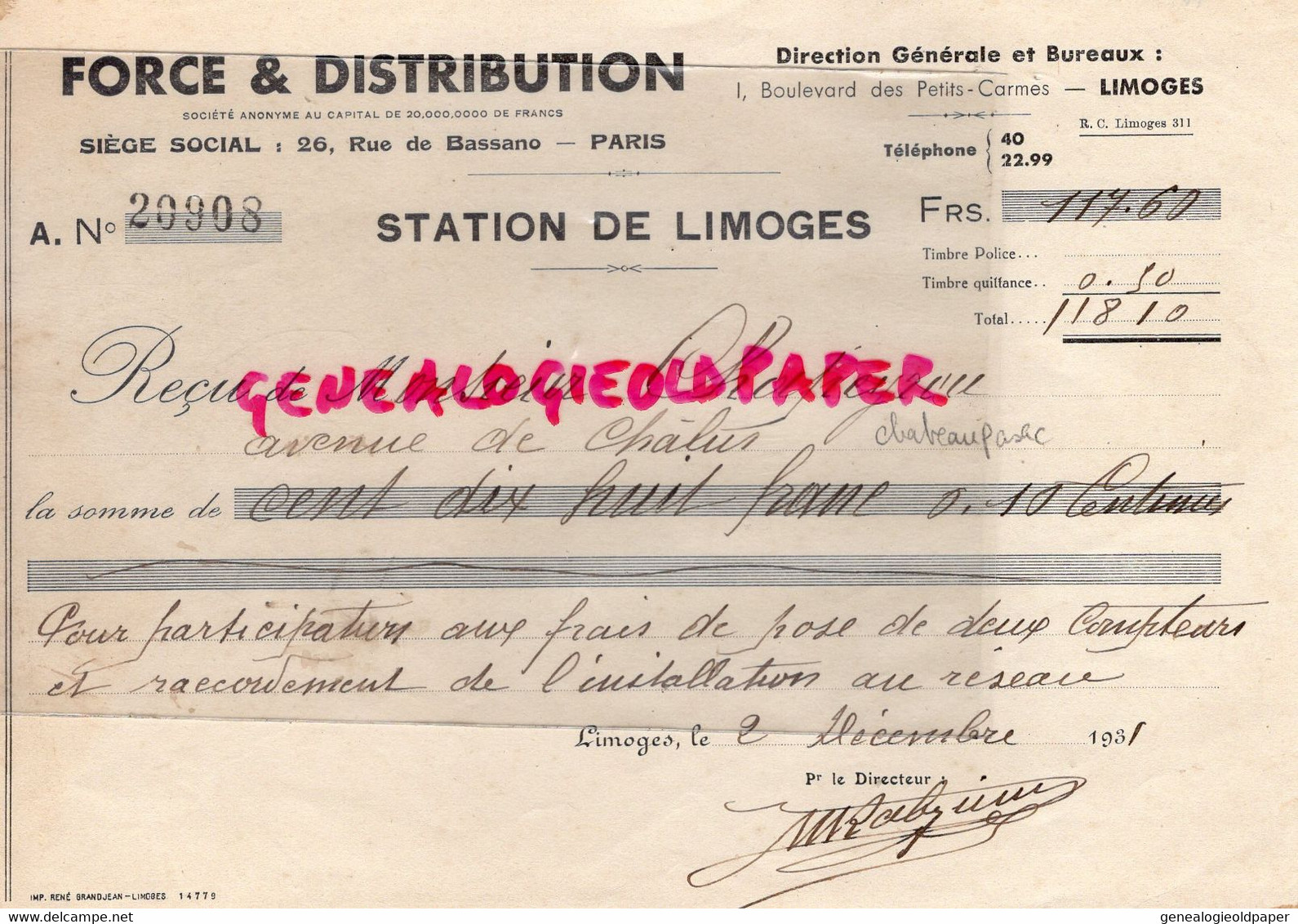 87- LIMOGES- RECU DE M. CHAPEYROU AVENUE DE CHALUS- POSE COMPTEUR EDF- ELECTRICITE -1 BD PETITS CARMES 1931 - Electricité & Gaz