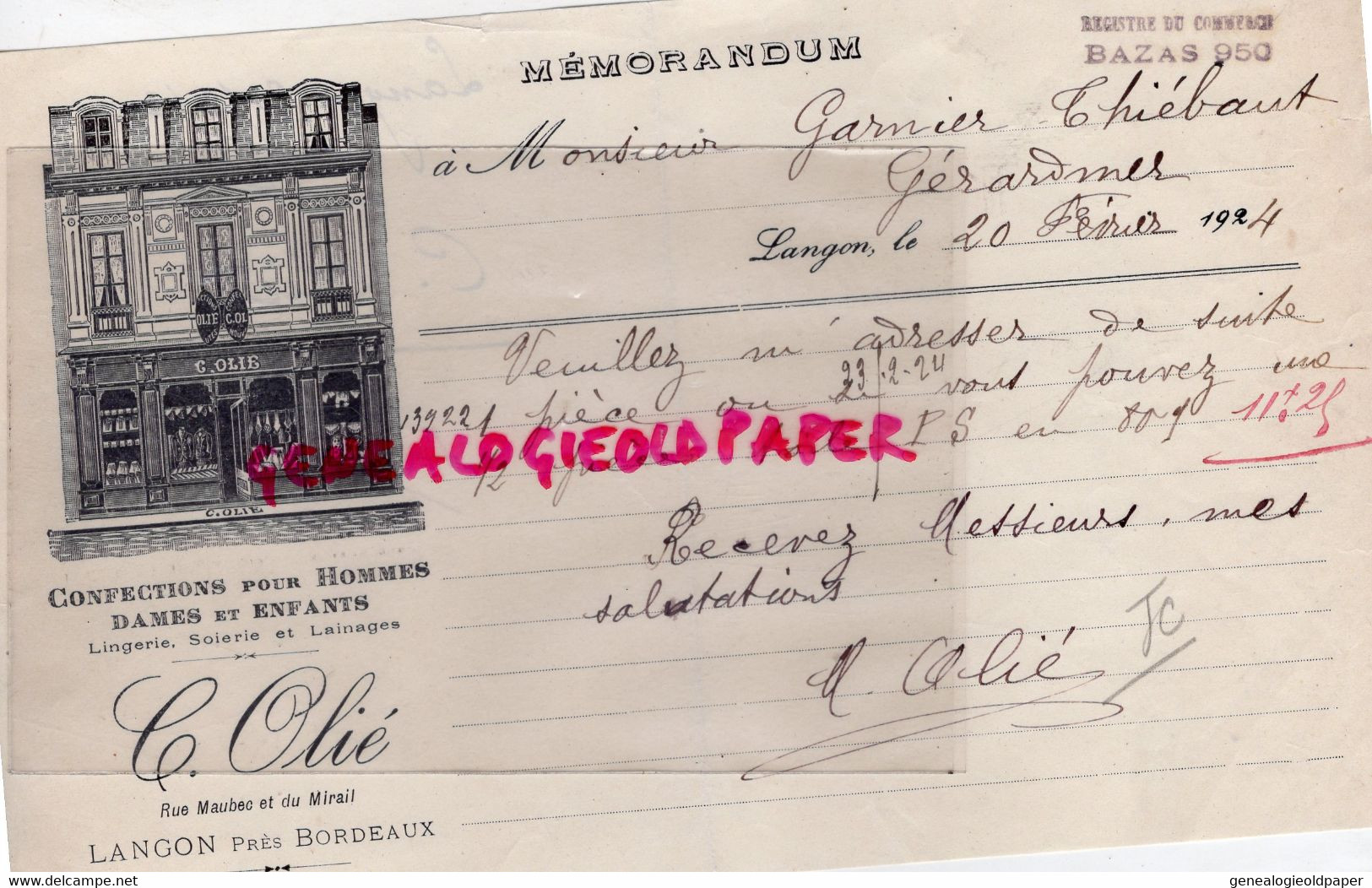 33- LANGON PRES BORDEAUX- RARE MEMORANDUM C. OLIE -MAGASIN CONFECTIONS LINGERIE-RUE MAUBEC ET MIRAIL- 1924 - Textile & Clothing