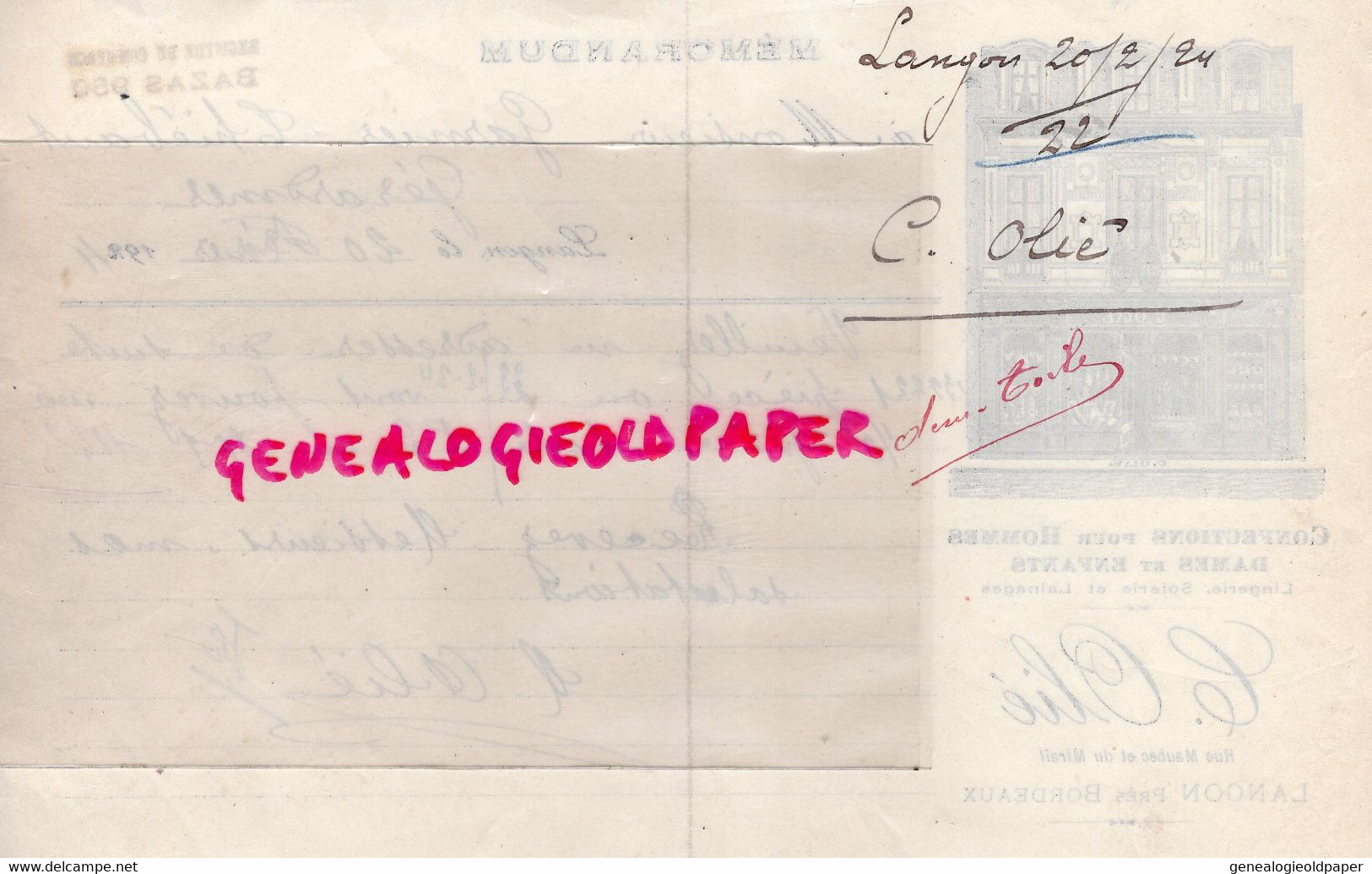 33- LANGON PRES BORDEAUX- RARE MEMORANDUM C. OLIE -MAGASIN CONFECTIONS LINGERIE-RUE MAUBEC ET MIRAIL- 1924 - Kleidung & Textil