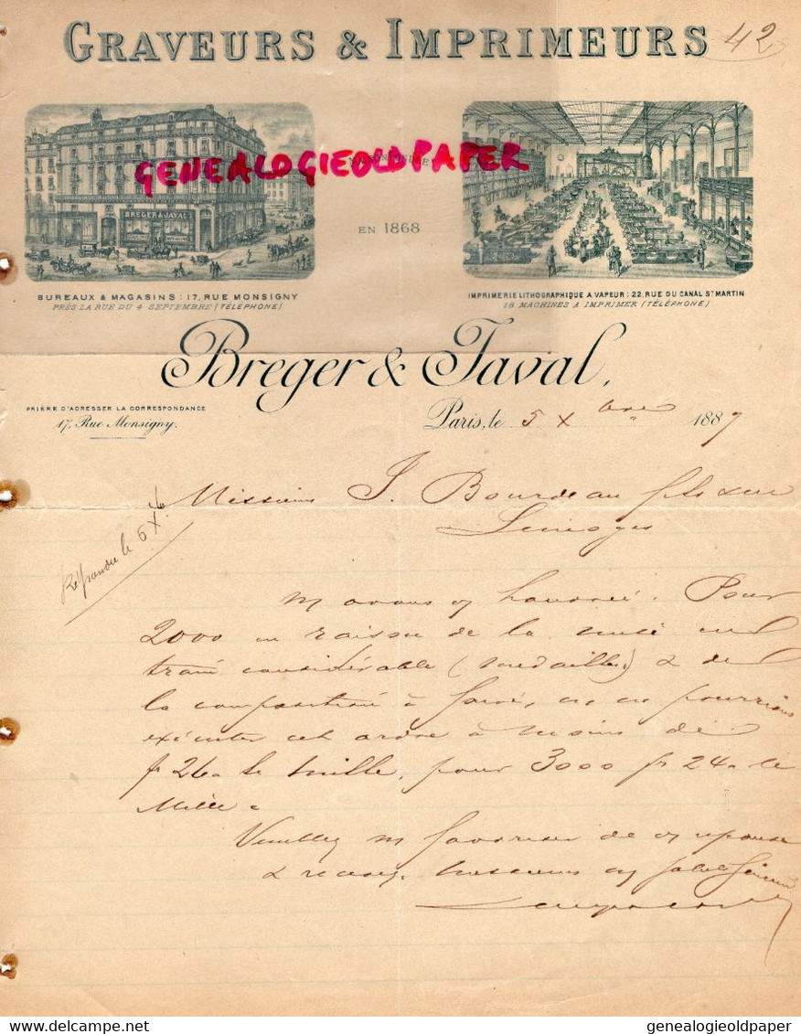 75- PARIS- RARE LETTRE MANUSCRITE BREGER & JAVAL-GRAVEUR IMPRIMERIE LITHOGRAPHIQUE-17 RUE MONSIGNY- RUE 4 SEPTEMBRE-1887 - Druck & Papierwaren