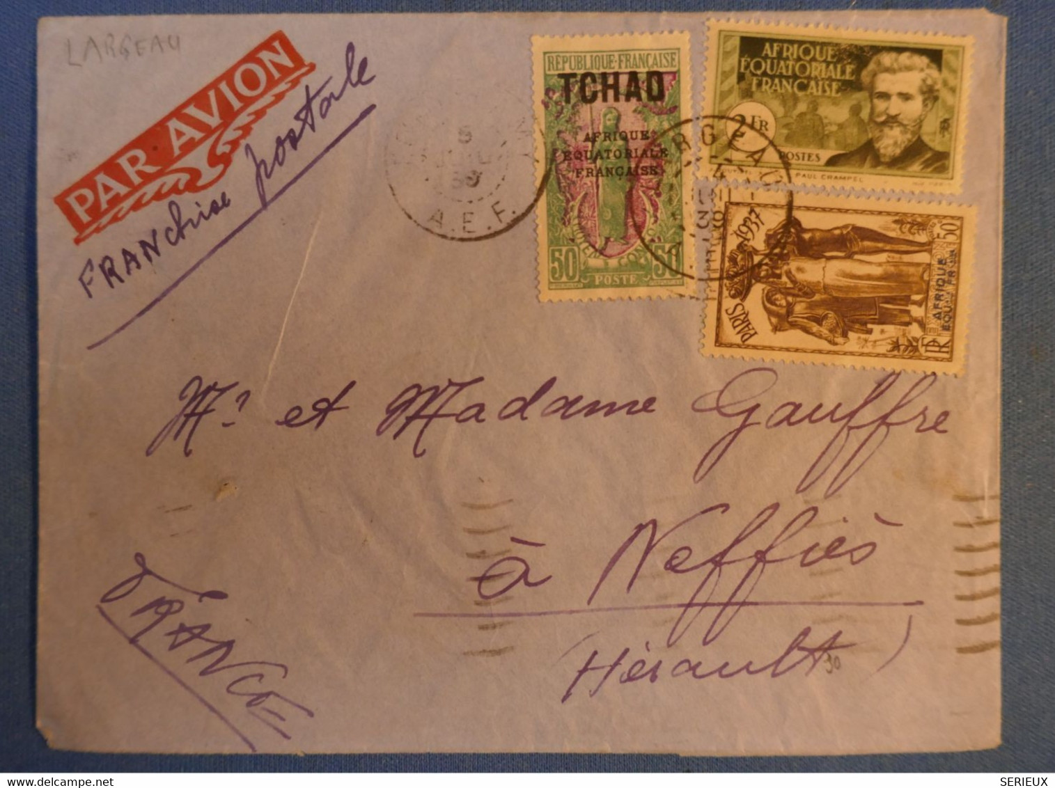 E 12 AEF TCHAD BELLE LETTRE AVION 1939 FARGEAU PETIT BUREAU POUR NEFFIES VIA MARSEILLE+ AFFRANCH PLAISANT - Cartas & Documentos