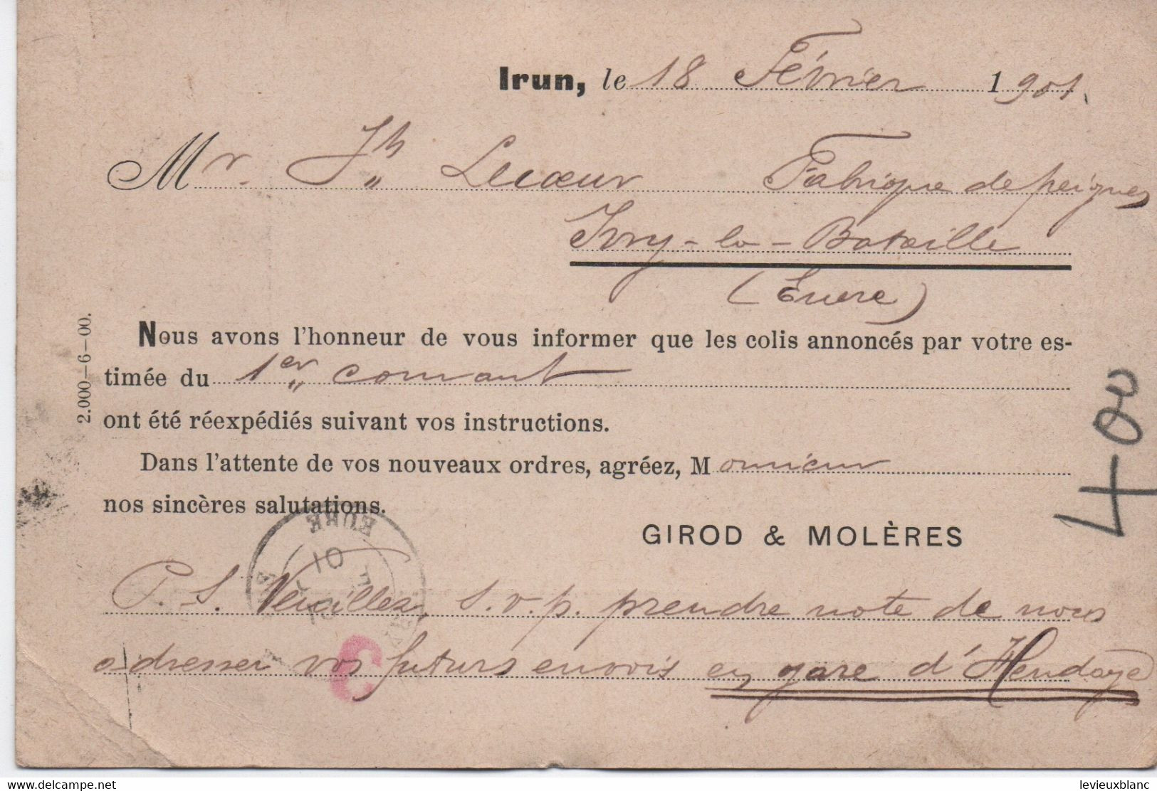 Carte Postale Sans Illustration/ESPAGNE-Irun/GIROD/Commande/LECOEUR/Fabricant De Peignes/Ivry La Bataille/1901   TIMB148 - Navarra (Pamplona)