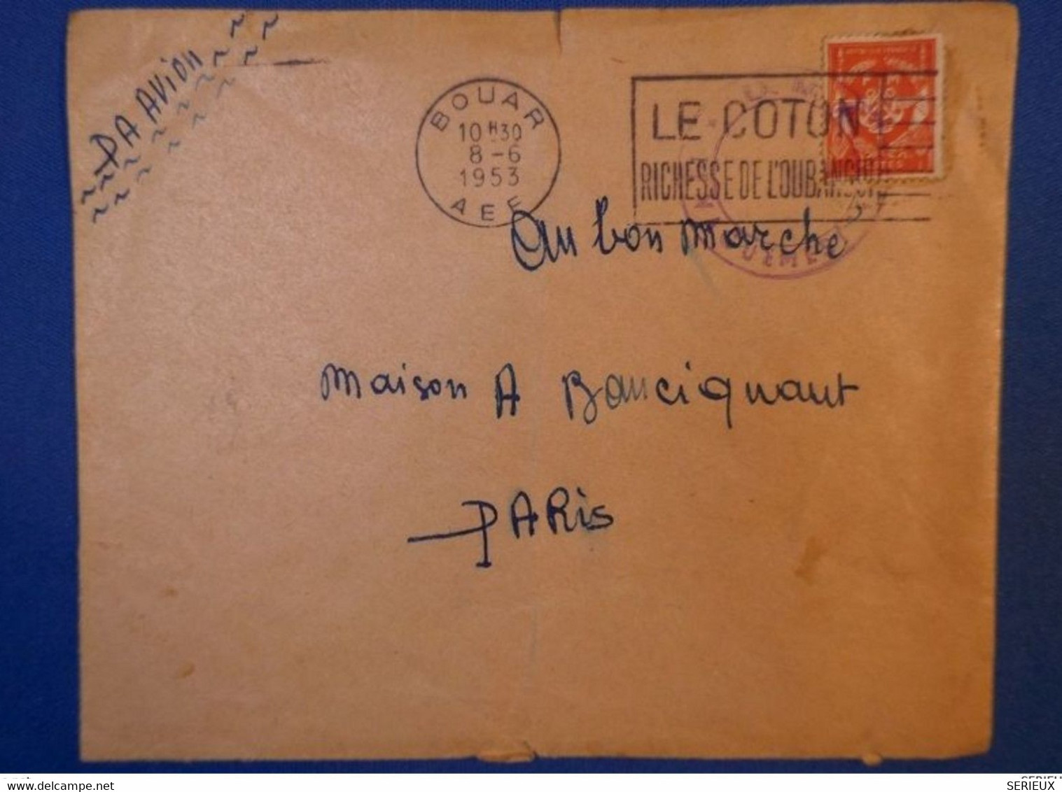 168 AFR EQUAT FRANCAISE OUBANGUI 1953 PETIT BUREAU BOUAR POUR PARIS PAR AVION AU BON MARCHé ++AFFRANCHISSEMENT PLAISANT - Covers & Documents