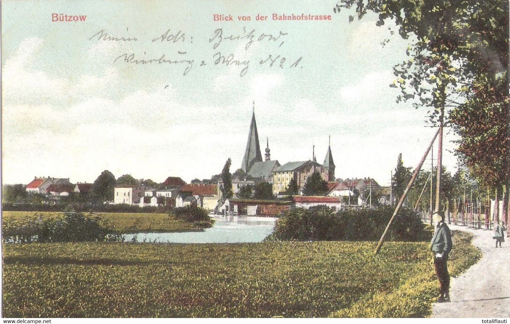 BÜTZOW Mecklenburg Blick Von Der Bahnhofstrasse Belebt Gelaufen Mit Bahnpost ROSTOCK - LUDWIGSLUST ZUG 38 12.4.1910 - Bützow