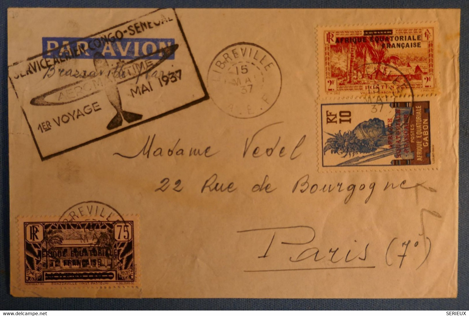 E 12 AEF CONGO SENEGAL BELLE LETTRE 1937 IER VOL NOUMEA POUR PARIS FRANCE + AFFRANCH PLAISANT - Lettres & Documents