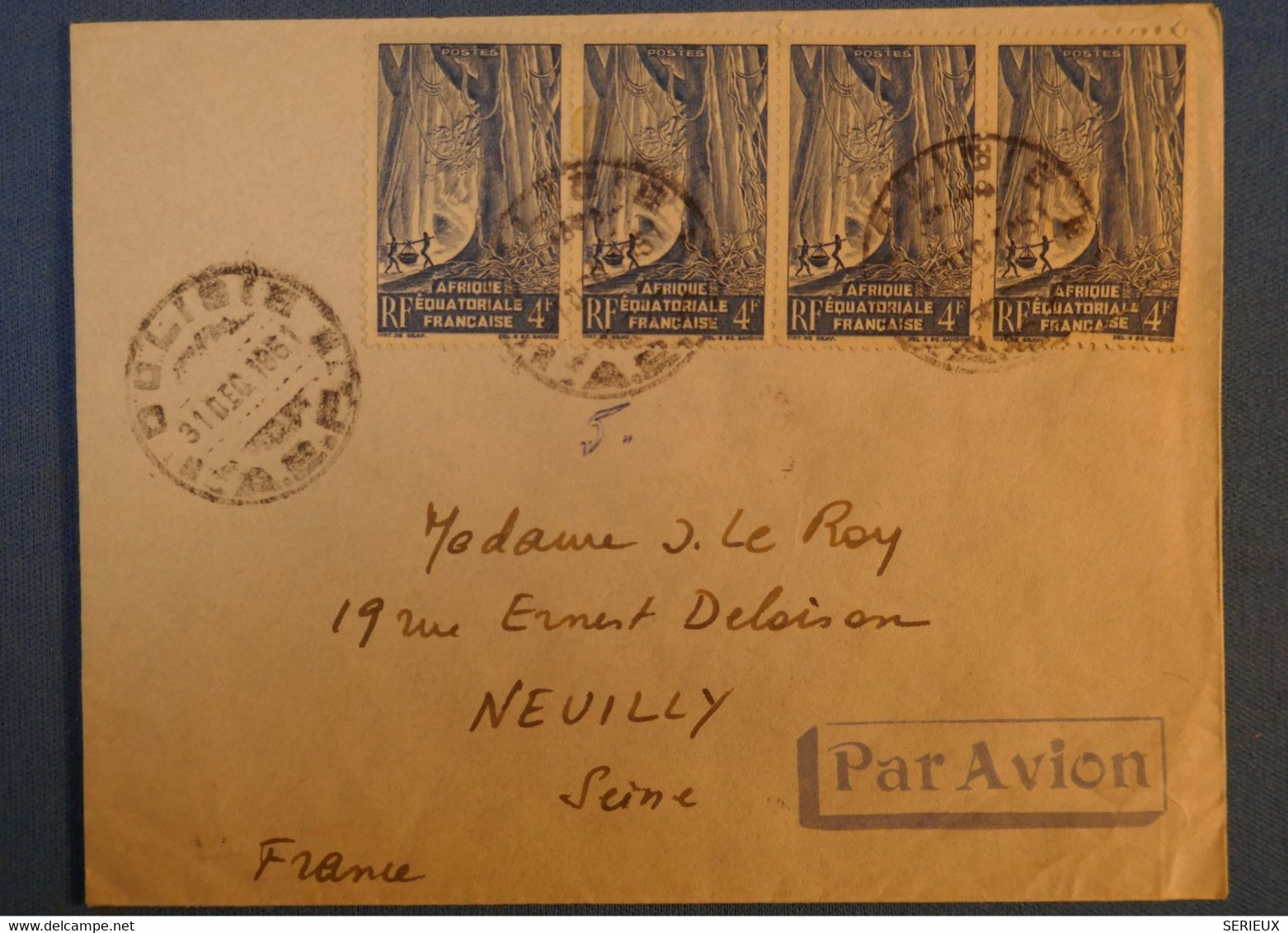 F2 AEF GABON BELLE LETTRE RARE  1951 (Erreur 1851) PAR AVION DOLISIE POUR NEUILLY S SEINE+ BANDE DE 4 TIMBRES - Cartas & Documentos