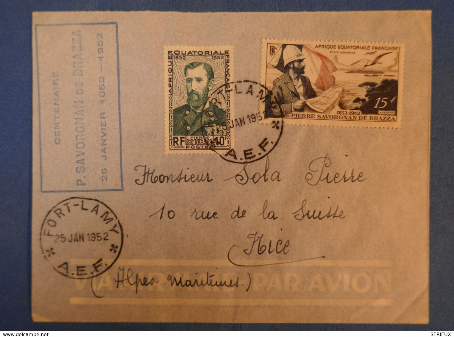 G1 AEF BELLE LETTRE 1951 PAR AVION FORT-LAMY POUR NICE FRANCE+ TAMPON CENTENAIRE + AFRANCHISSEMENT PLAISANT - Covers & Documents