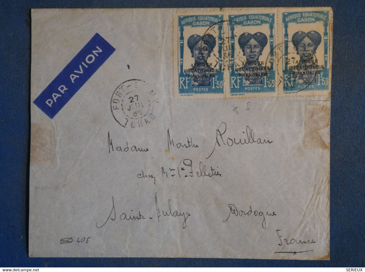 I 3 TCHAD BELLE LETTRE1935 PAR AVION FORT LAMY POUR SAINT AULAYE FRANCE + BANDE DE 3 T.P + AFRANCH PLAISANT - Storia Postale