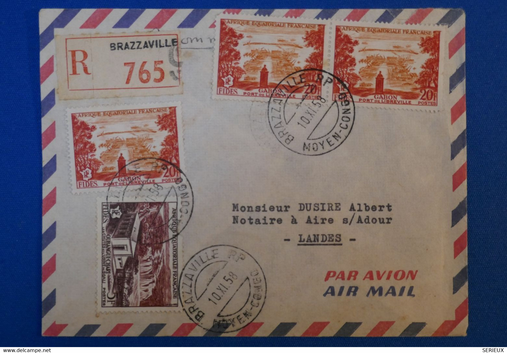 I 19 AEF BELLE LETTRE RARE RECOM. 1958 PAR AVION BRAZZAVILLE POUR AIRE S ADOUR FRANCE+ PAIRE DE T.P + AFF PLAISANT - Cartas & Documentos