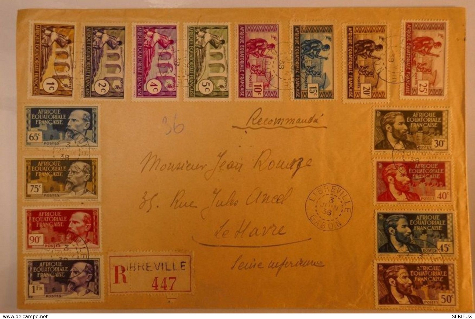 F2 AEF GABON BELLE LETTRE RECOM. RRR 1938 LIBREVILLE POUR LE HAVRE FRANCE+AFFRANCH PLAISANT - Lettres & Documents