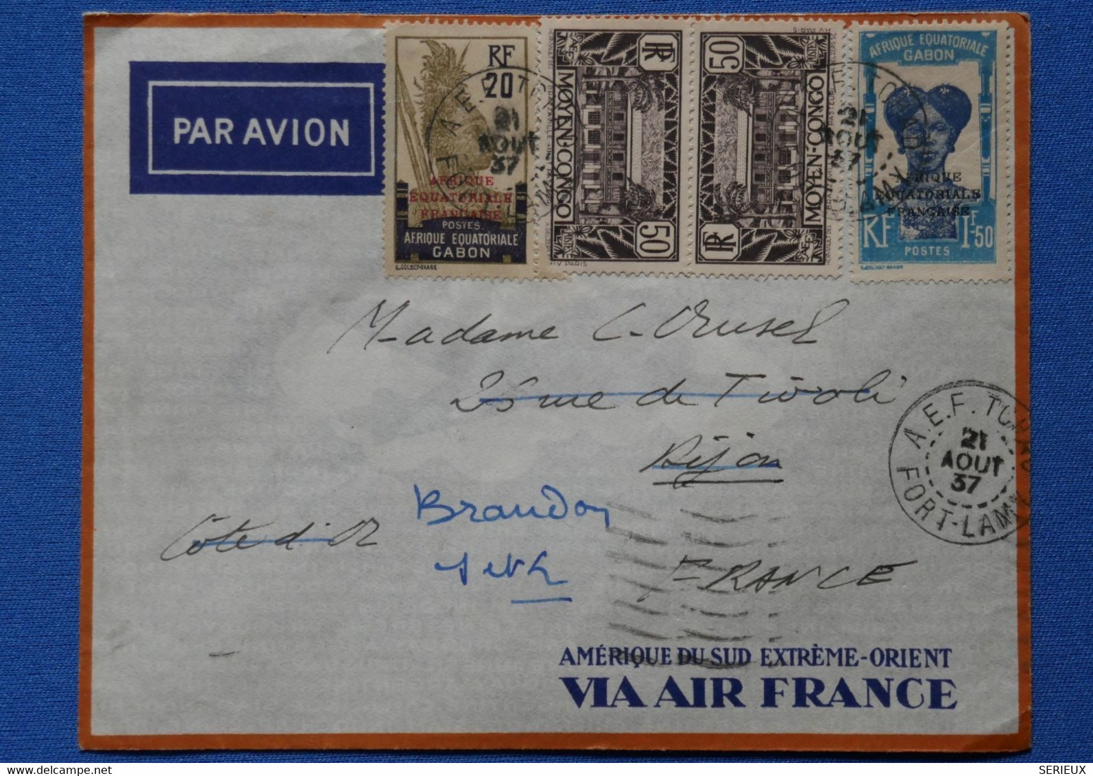 O19 AEF GABON BELLE LETTRE 1937 PAR AVION FORT LAMY POUR DIJON BRANDON FRANCE+ AFFRANCH. PLAISANT - Lettres & Documents