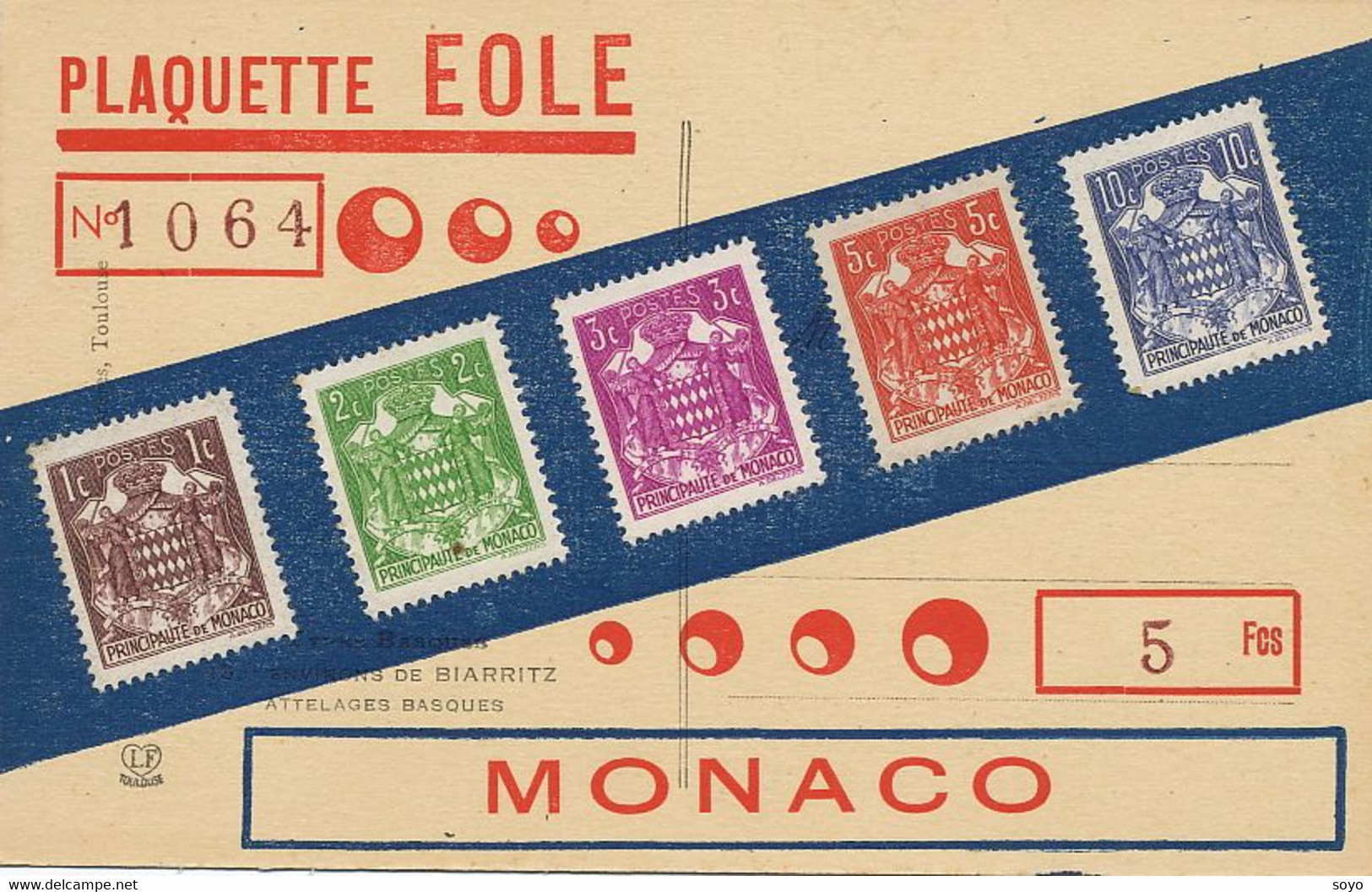 Plaquette Eole 5 Timbres Monaco Veritables Sur Carte Postale Attelage Boeuf Pays Basque - Timbres (représentations)