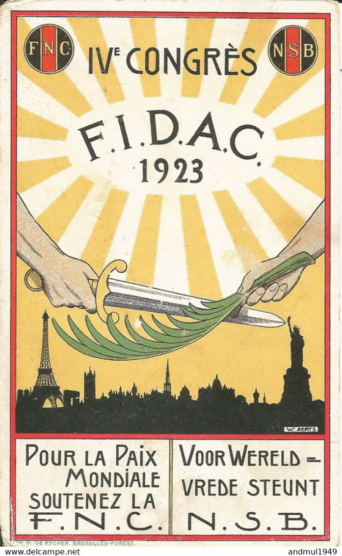 IVe CONGRES De La F.I.D.A.C. 1923 - Pour La Paix Mondiale Soutenez La F.N.C. - Dessin De W. Aerts - Litho De Rycker - Publicidad