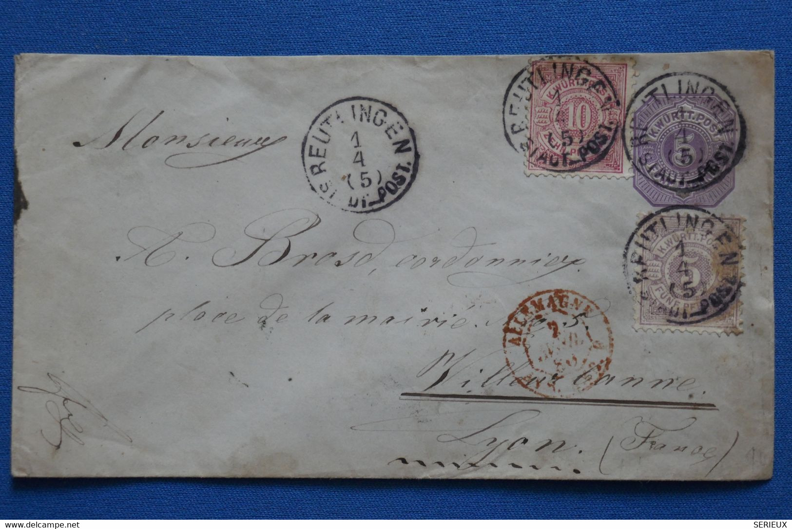 U19 WUTTENBERG BELLE LETTRE RARE 1880 REUTLINGEN POUR LYON FRANCE+ AFFRANCHISSEMENT INTERESSANT - Interi Postali