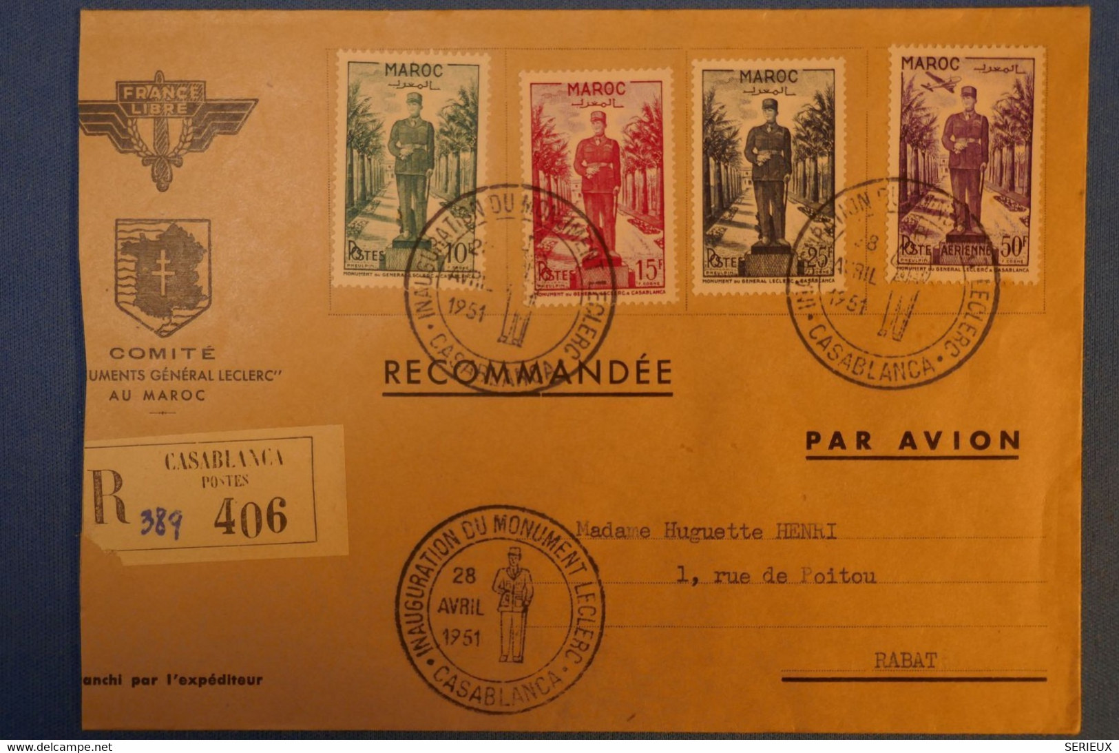 F2 MAROC BELLE LETTRE RECOM.1951 CASABLANCA POUR RABAT . FRANCE LIBRE+LECLERQ++ PA ++ AFFRANCHISSEMENT PLAISANT - Lettres & Documents